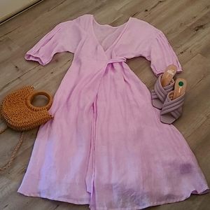 At Dawn Linen, puff sleeve wrap dress